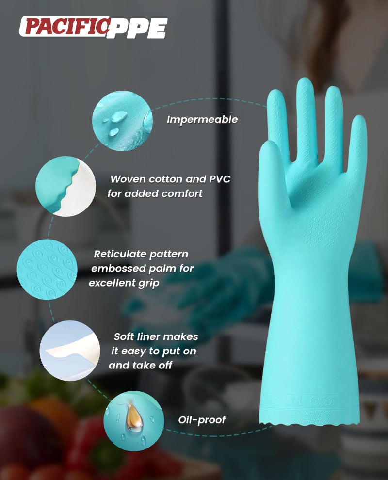 PACIFIC PPE 2 Pairs Reusable Dishwashing Cleaning Gloves with Latex Free, Cotton Lining, Kitchen Gloves, Green, Large - Image 3